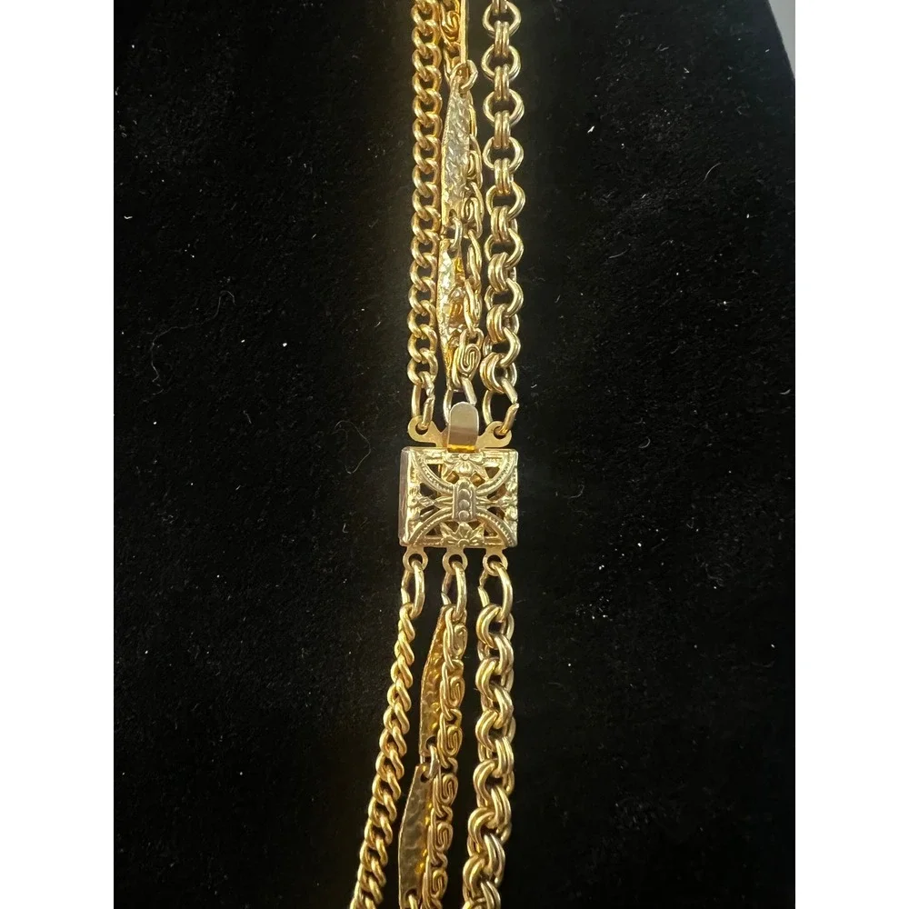 Vtg 80s Gold Multi Strand Layered Necklace Hammered Bar Filigree Clasp Boho Glam